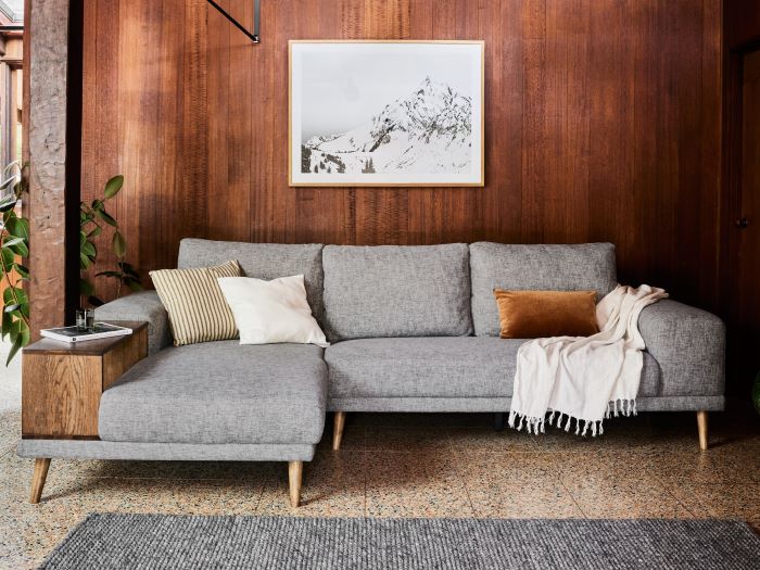 Modern living room containing Paris modular sofa in Rustic Walnut and Grey Fabrics