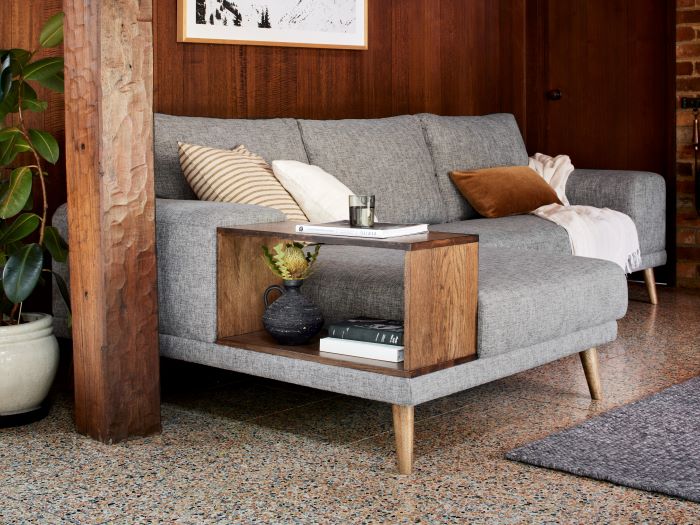 Modern living room containing Paris modular sofa in Rustic Walnut and Grey Fabrics